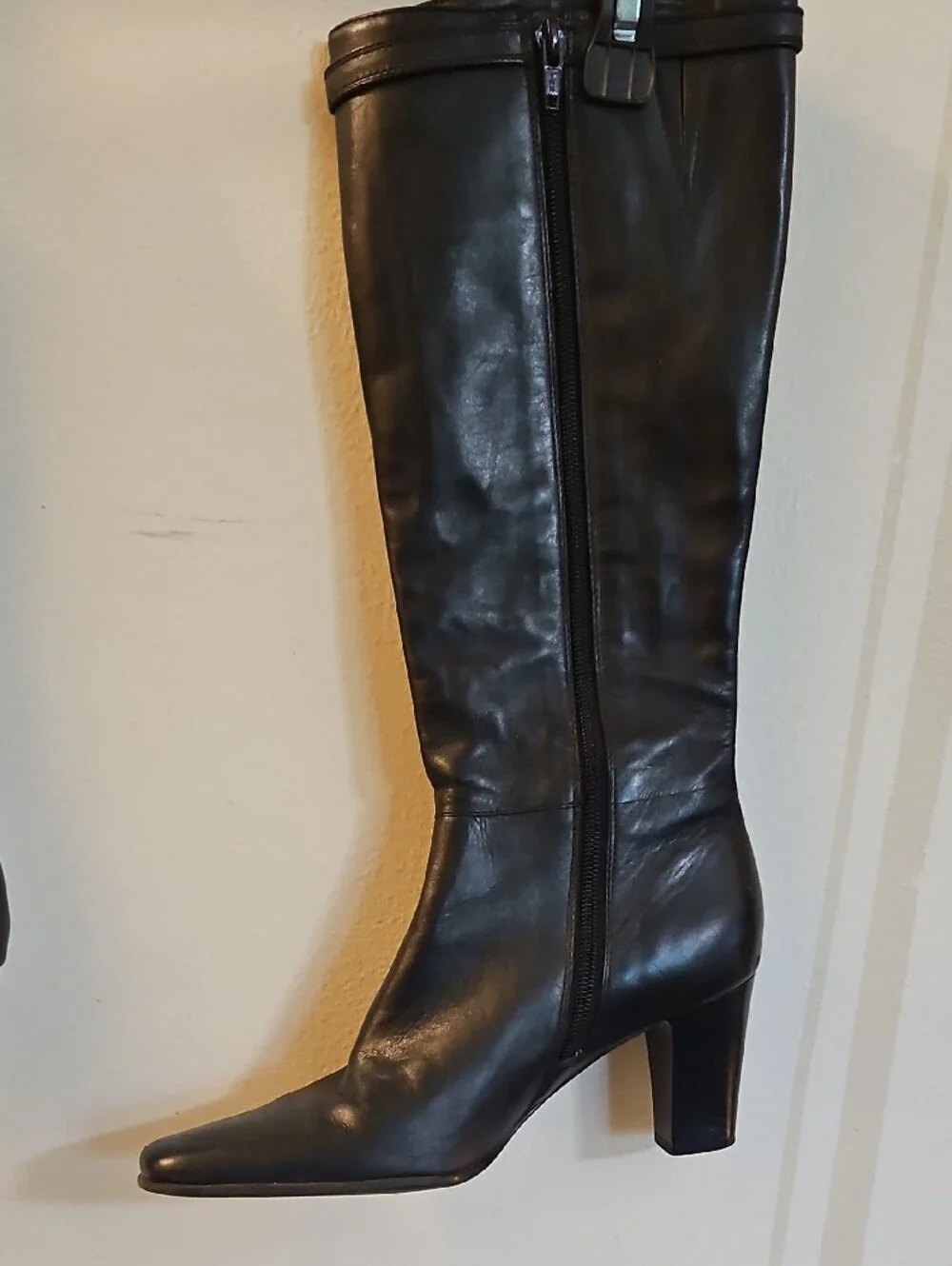 Michelle D Black Leather Under-the-Knee Boots with Buckle Strap